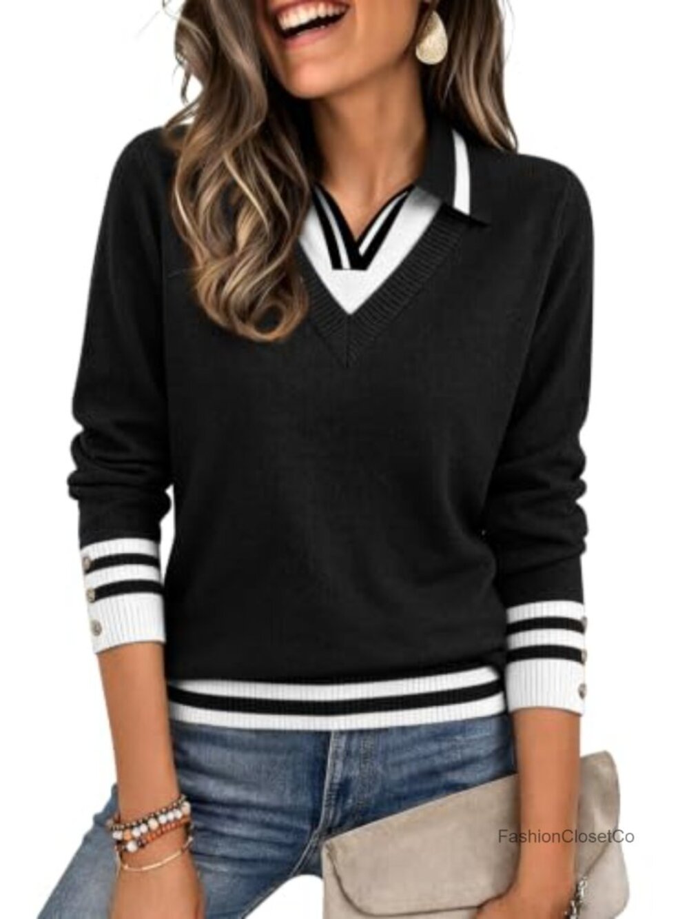 Women's V-Neck Polo Sweater Lightweight Knit Fall Pullover 2026